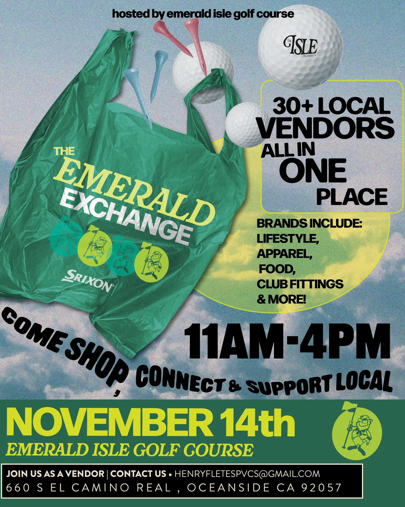 Emerald Exchange flyer: November 14th, 11AM–4PM, 30+ local vendors at Emerald Isle Golf Course, 660 S El Camino Real, Oceanside